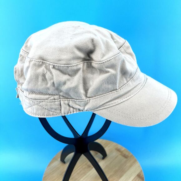 Womens Beige Military Style Cadet Cap w Rhinestone Fleur de Lis - Picture 3 of 7